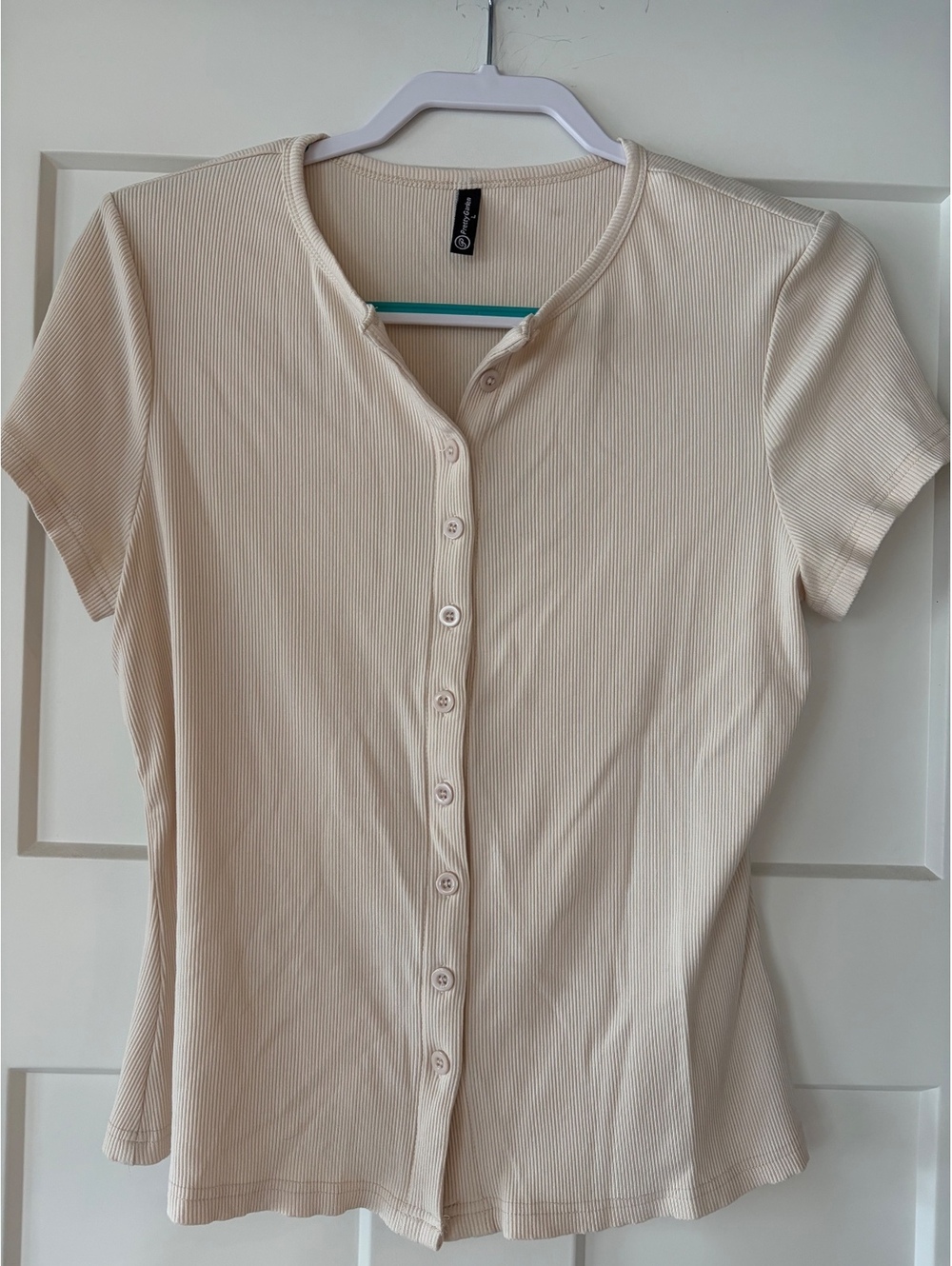 PrettyGarden Ribbed Button-Front Top — Cream, Size L